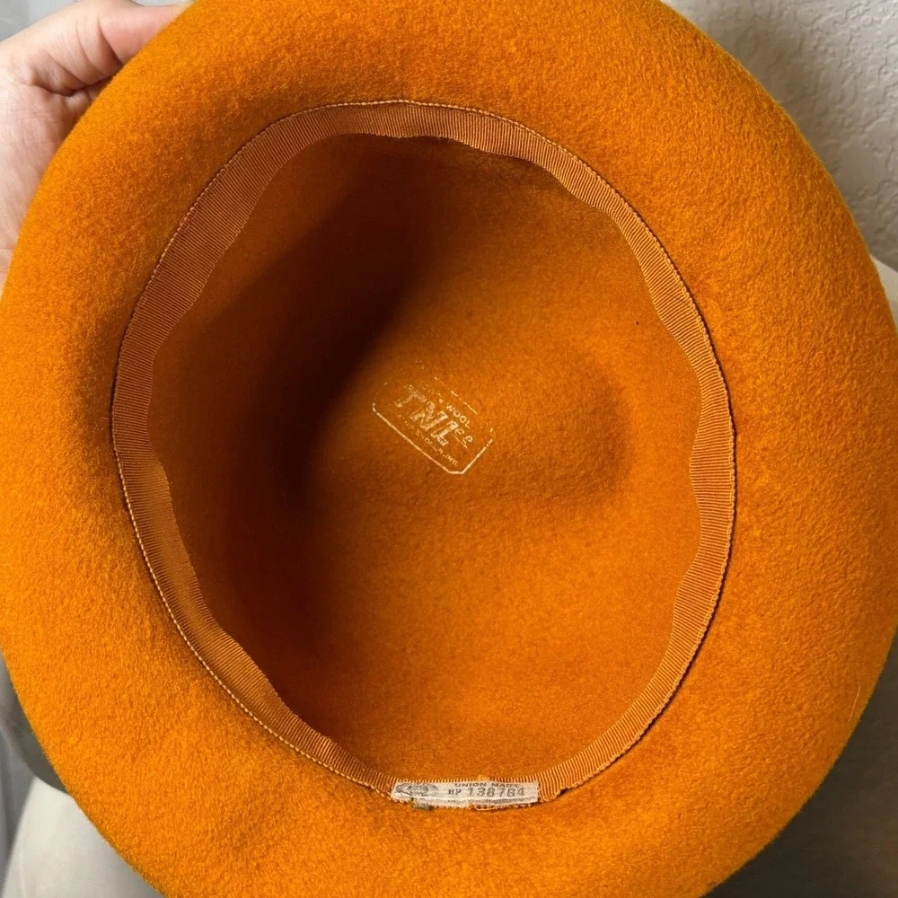 Vintage Union Made Wool Felt Bowler Derby Hat Burnt Orange Grosgrain Ribbon Bow - Picture 8 of 10